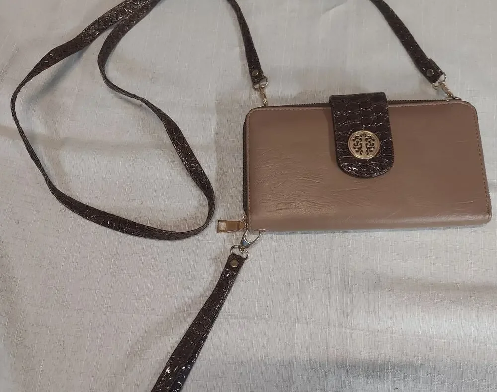 Womens Wallet Crossbody Bag Tan Brown Crocodile Embossed Removable Strap
